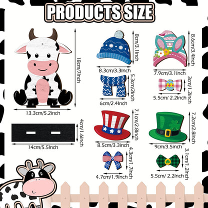 Anglechic 42 Pcs Summer Lemon Interchangeable Cow Figurine Farmhouse Holiday Cow Office Decor Wooden Seasonal Sign Desk Accessories Tier Tray Home Decoration Welcome Ornament Gifts
