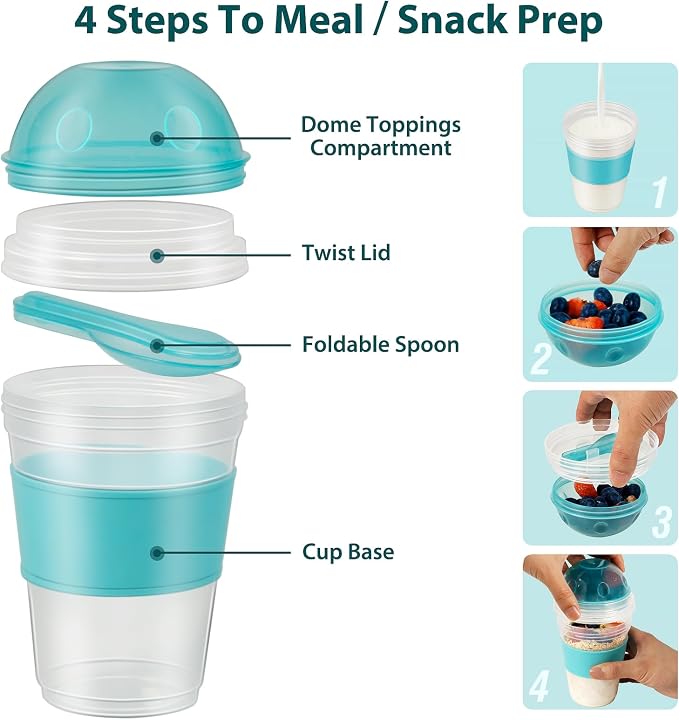 Freshmage Yogurt Parfait Cups with Lids, 2 Pack 20 oz Reusable Overnight Oats Containers with Lids, Topping Compartment & Spoon to Go for Breakfast Meal Prep, Portable & Lightweight (Blue&Green)