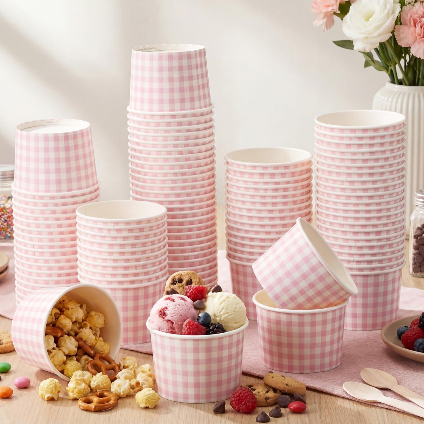 Nuanchu 100 Pack 9 oz Gingham Treat Snack Cups Pink and White Checkered Disposable Paper Cups for Dessert Ice Cream Bowls for Snacks Soup Hot Cold Food Wedding Birthday Baby Shower Decorations