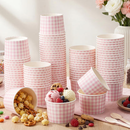 Nuanchu 100 Pack 9 oz Gingham Treat Snack Cups Pink and White Checkered Disposable Paper Cups for Dessert Ice Cream Bowls for Snacks Soup Hot Cold Food Wedding Birthday Baby Shower Decorations