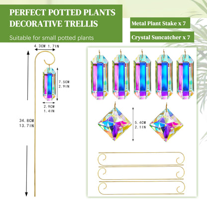 Kanpura 7 Pieces Crystal Prisms Suncatchers with 13.7 ’’ Small Trellis for Mini Potted Plants Garden Accessories Indoor Fairy Plant Suncatchers Gift for Plant Lovers (AB)