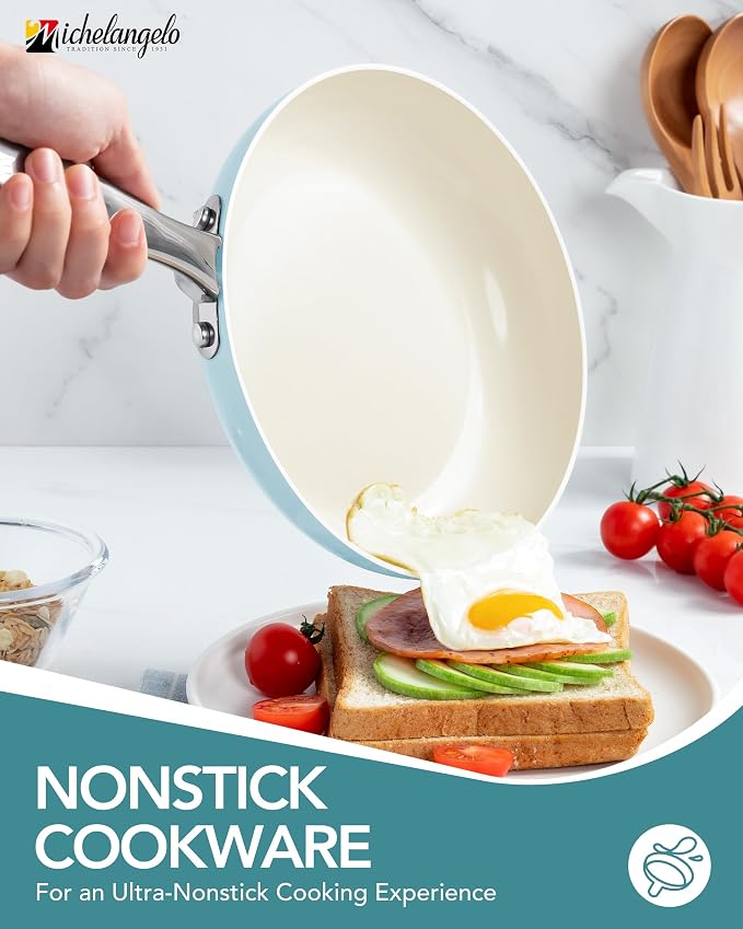 MICHELANGELO Pots and Pans Set Non Stick, 8-Piece Ti-infused Ceramic Cookware Set with Silicone Utensils - Induction Compatible, Oven Safe, PFOA-Free, Blue