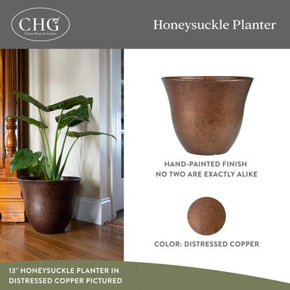 Classic Home and Garden by Growscape Honeysuckle Resin Planters - Lightweight Indoor & Outdoor Plant Pots - UV-Resistant Plastic Flower Pots - Pot Planters for Flowers & Herbs (13" Distressed Copper)