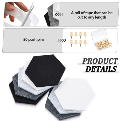 Mindsoft 16 Pcs Hexagon Cork Board for Walls with 50 Wooden Push Pins 6.7 x 5.9 in Felt DIY Tiles Notice with Nano Tape Hanging Bulletin Board for Home Photo Office Memo Note(Grey)