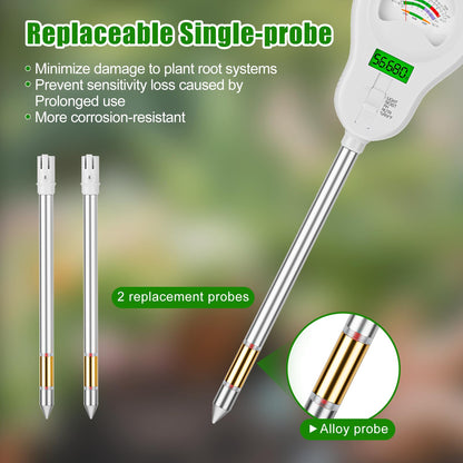 SPECILITE 6-in-1 Soil Tester, Digital Soil Moisture Meter/PH Meter/Sunlight/Temperature/Fertility Monitor with 2 Removable Probe, Dual Screen Soil Test Kit for Gardening, Lawn, Indoor & Outdoor Plant