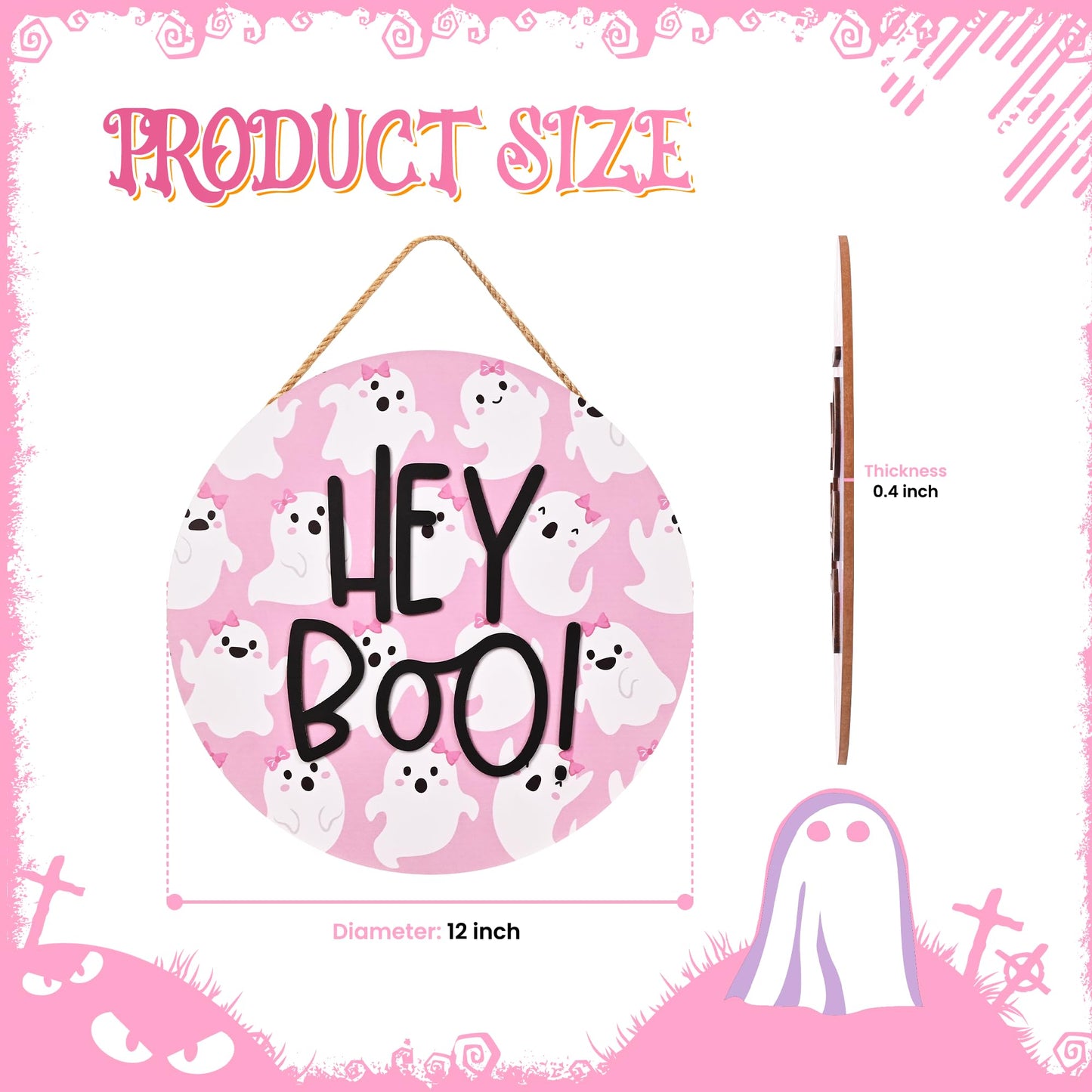 Frugtfrit Pink Halloween Hey Boo Door Decor, 3D Pink Ghost Wood Welcome Sign for Front Porch, Halloween Wreath for Little Boo Baby Shower, Playhouse