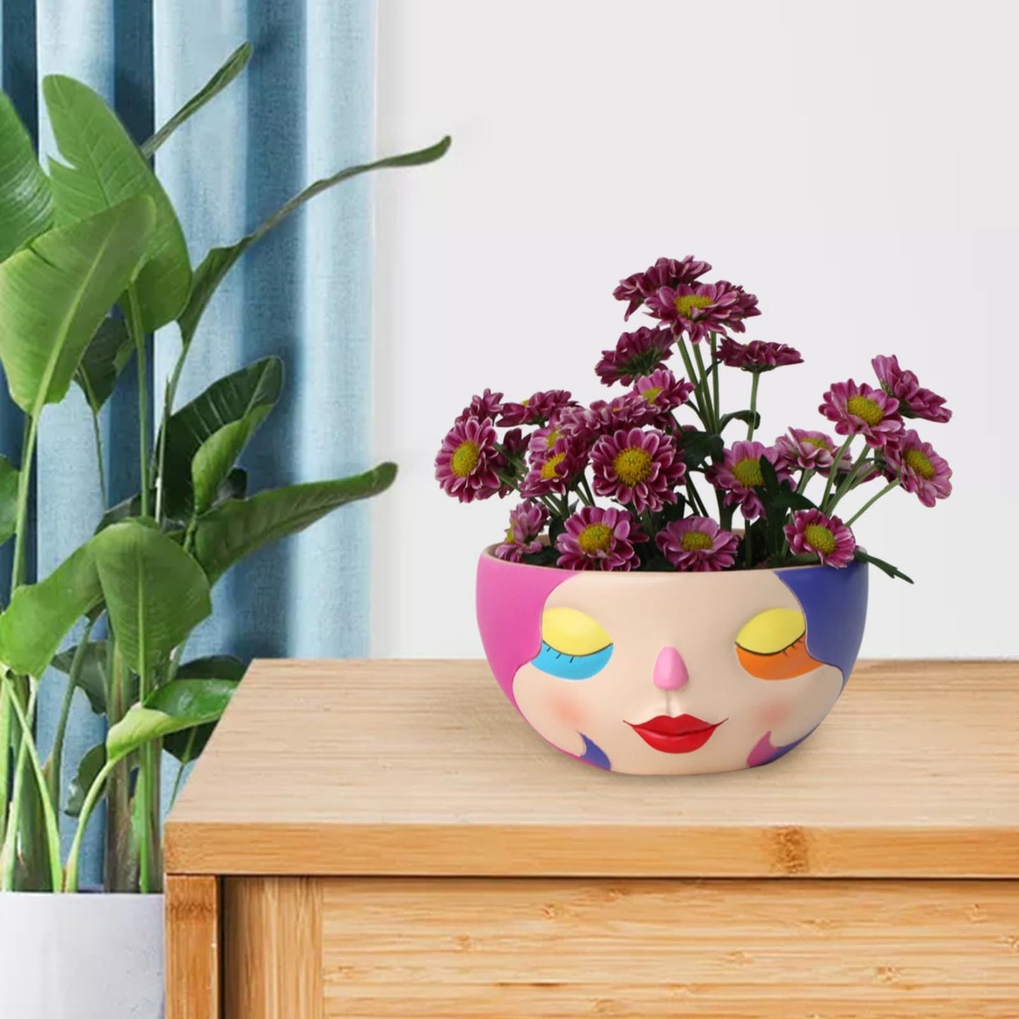 BJVF Unique Face Flower Pot Head Planter - Abstract Colorful Resin Cute Girl Statue Planter with Closed Eyes for Indoor & Outdoor Plants