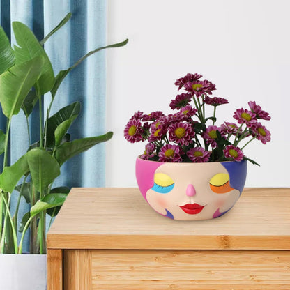 BJVF Unique Face Flower Pot Head Planter - Abstract Colorful Resin Cute Girl Statue Planter with Closed Eyes for Indoor & Outdoor Plants