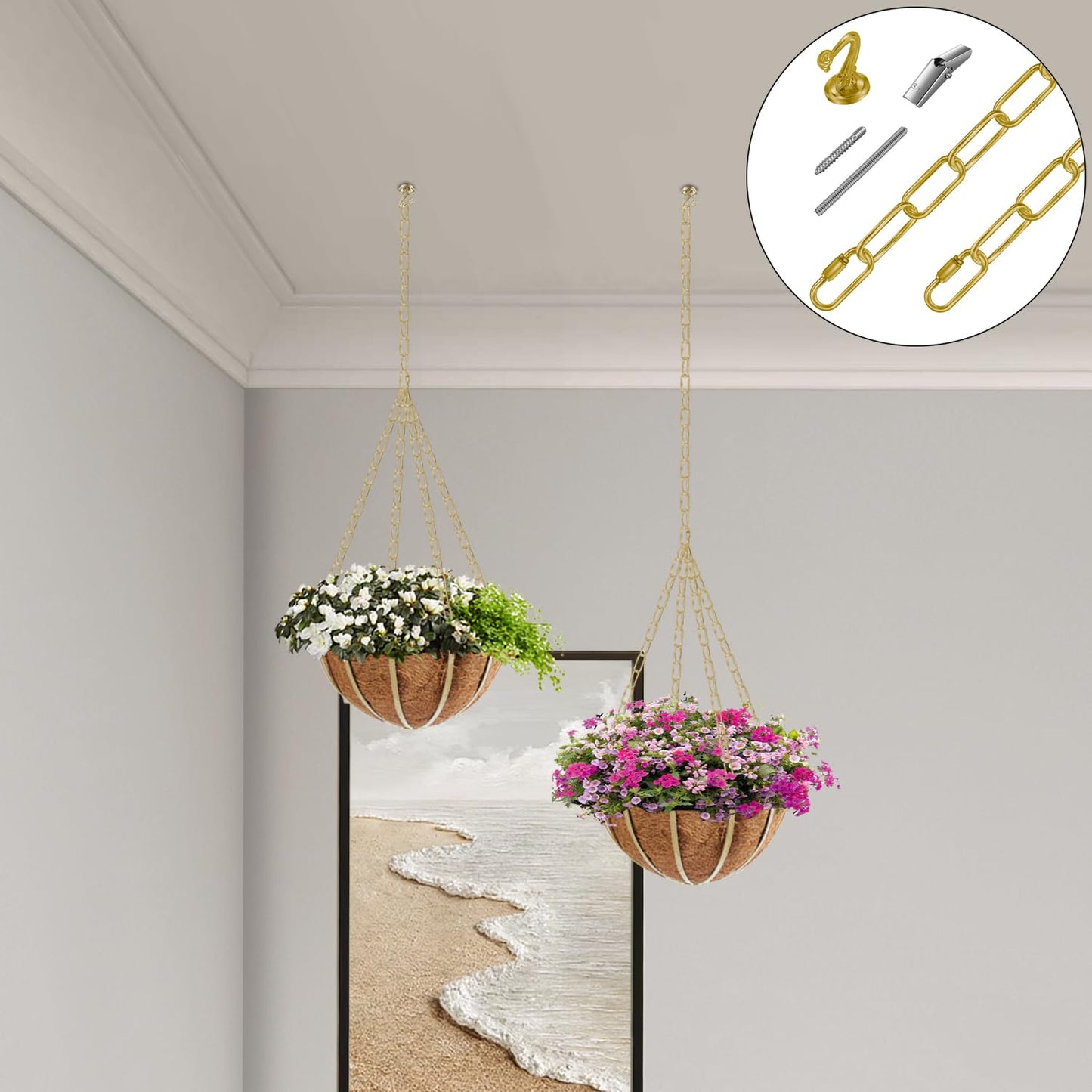 Omytie 12 Ft Heavy Duty Hanging Chain Kit with Connection Locks & Swag Ceiling Hooks for Lighting Fixture, Chandelier, Pendant, Lantern, Swag Lamp, Plant/Flower/Fruit Basket, Bird Feeder (Brass)