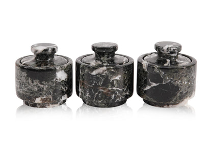 EARTHENTONES Marble Salt Cellar Set of 3 Zebra Black, 3 Inch Spice Storage Jars with Lid, Marble Sugar Keeper Tea Coffee Canister Set, Celtic & Maldon Sea Salt Holder, Luxury Countertop Home Gift