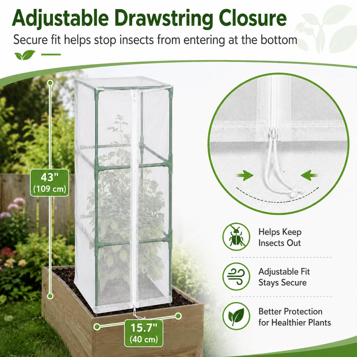 Halatool Garden Tomato Plant Cover Netting, Fits 40–50" Tall Square Tomato Cages, Garden Bird Netting with Zipper & Drawstring, Insect Barrier, Plant Covers from Insects Animals, 4 Pack, 43"×15.7"