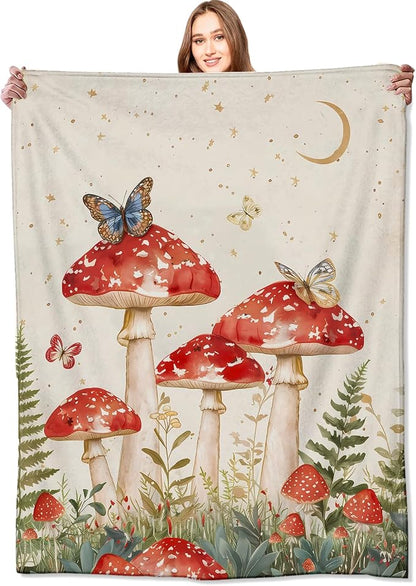 Red Mushroom Blanket Enchanting Forest Throw Blankets with Butterfly,Birthday Gifts for Girls Women & Nature Lovers,Lightweight Soft Fleece,for Sofa Couch Bed Room Fairy Tale Decor 50x60in