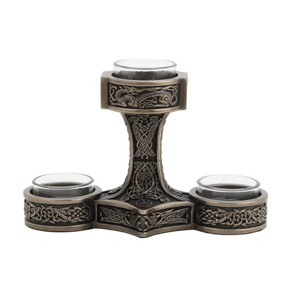 Veronese Design 4 7/8 Inch Tall Mjolnir Hammer of Thor Triple Head Tealight Candle Holder Viking Nordic Decor Cold Cast Bronzed Resin Sculpture