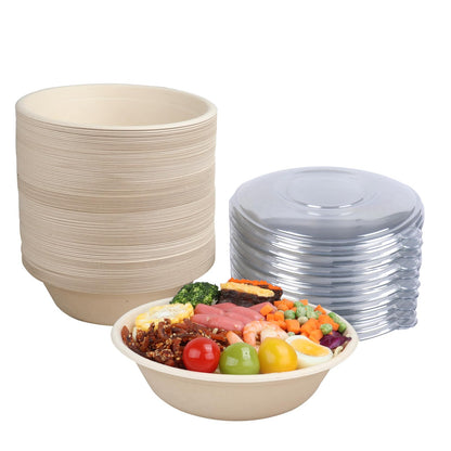 JAYEEY 32 oz Disposable salad bowls with lids, Sugarcane Fiber Paper Bowls take away food containers Plant Fibers Freezer Safe 50 Pack