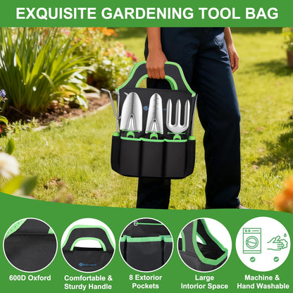 Yesker Gardening Tools 7-Piece Heavy Duty Garden Tool Set Gardening Supplies Gifts for Women Men Gardening Hand Tool Kit with Non-Slip Ergonomic Handle, Durable Garden Bag, Pruning Shears, Black Green