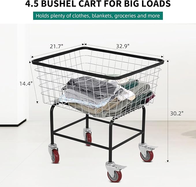 4.5-Bushel Rolling Laundry Cart with Wheels Durable Metal Wire Laundry Basket Heavy-Duty Large Steel Storage Basket with Galvanized Finish, for Commercial or Home Laundry Use