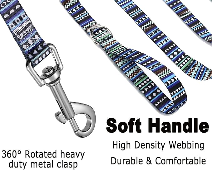 Mihqy Dog Collar and Leash Set with Bohemia Floral Tribal Geometric Patterns - Soft Ethnic Style Collar Adjustable for Small Medium Large Dogs(Bohemian Blue Set,L)