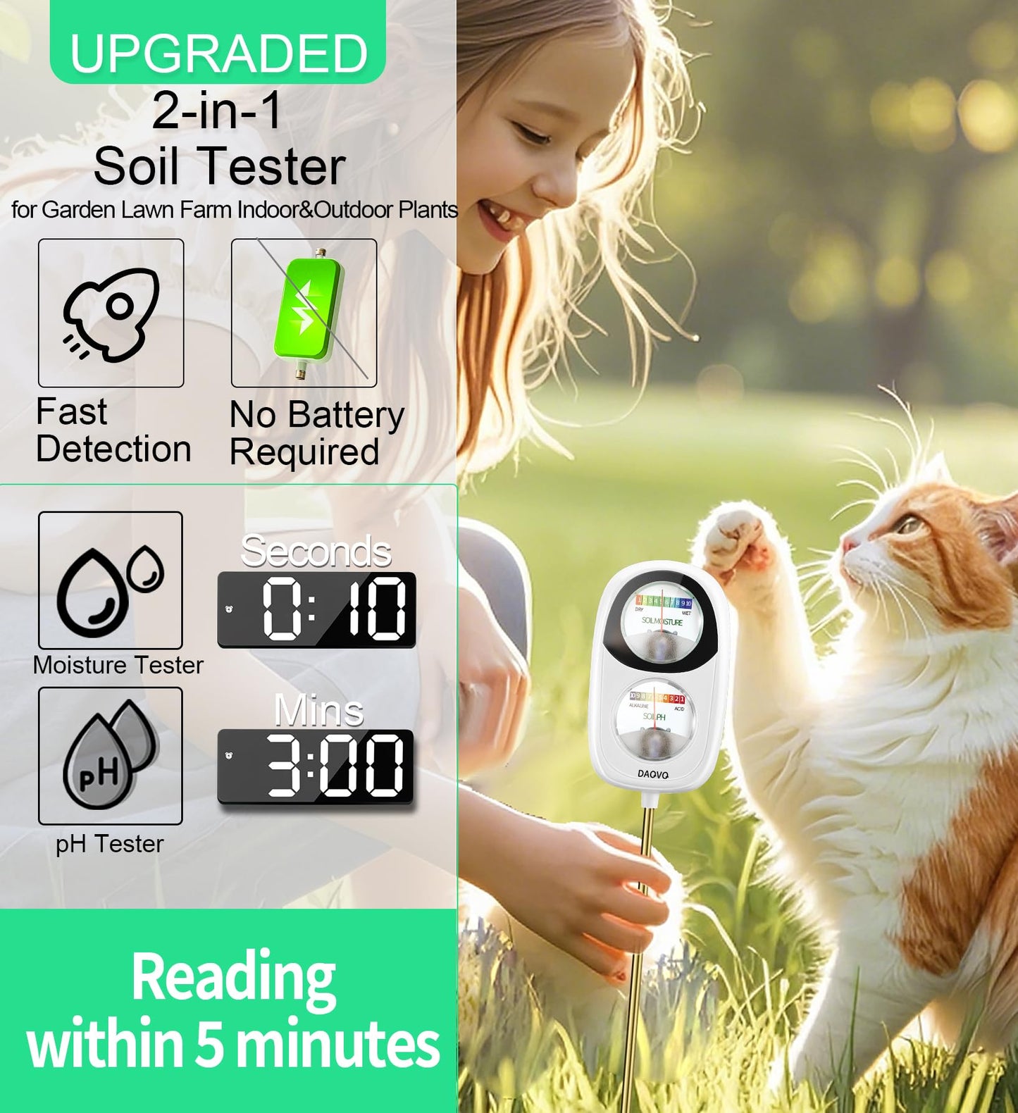 DAQVQ 2-in-1 Moisture Meter for Plants, Soil Moisture Meter & PH Meter, Large Dual-Screen Soil Test Kit, Essential Garden Tools for Indoor/Outdoor Plant, Lawn, Farm, No Battery Needed