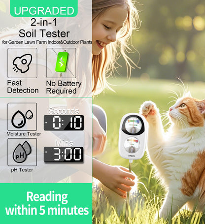 DAQVQ 2-in-1 Moisture Meter for Plants, Soil Moisture Meter & PH Meter, Large Dual-Screen Soil Test Kit, Essential Garden Tools for Indoor/Outdoor Plant, Lawn, Farm, No Battery Needed