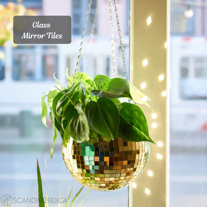 SCANDINORDICA Disco Ball Planter 8" Gold with Chain and Macrame Hanger and Disco Ball Planter Pot 4.3" with Saucer (0.2x0.2 mirror tiles)