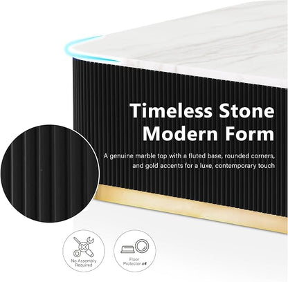 Furniture of America Beryl Modern Square White Genuine Marble Top Coffee Table with Fluted Pedestal Base and Gold Stainless Steel Accent, Low Profile Table for Living Room, Home Office, Black