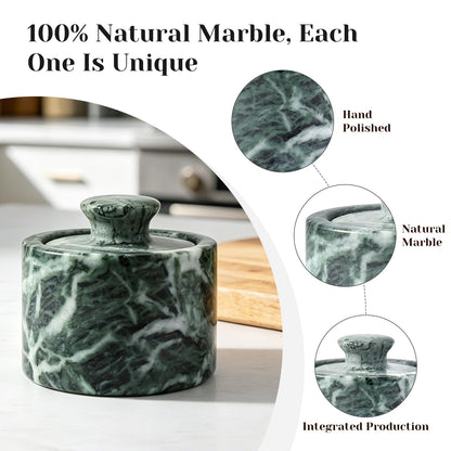 Koville Green Marble Salt Cellar with Lid 3.5", Stone Pepper Container & Spice Jars for Kitchen, Marble Salt and Pepper Holder, Stone Storage Box for Kitchen Counter, Spice Jar (Verde Alpi Green)