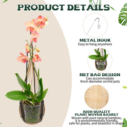 Weysat 10 Pack Hanging Orchid Planter Thai Bamboo Woven 4 Inch Bird Nest Style Orchid Hanging Basket Bamboo Flower Basket with Metal Hook for Trellis Gazebo Indoor Outdoor Wall Small Flower Planter