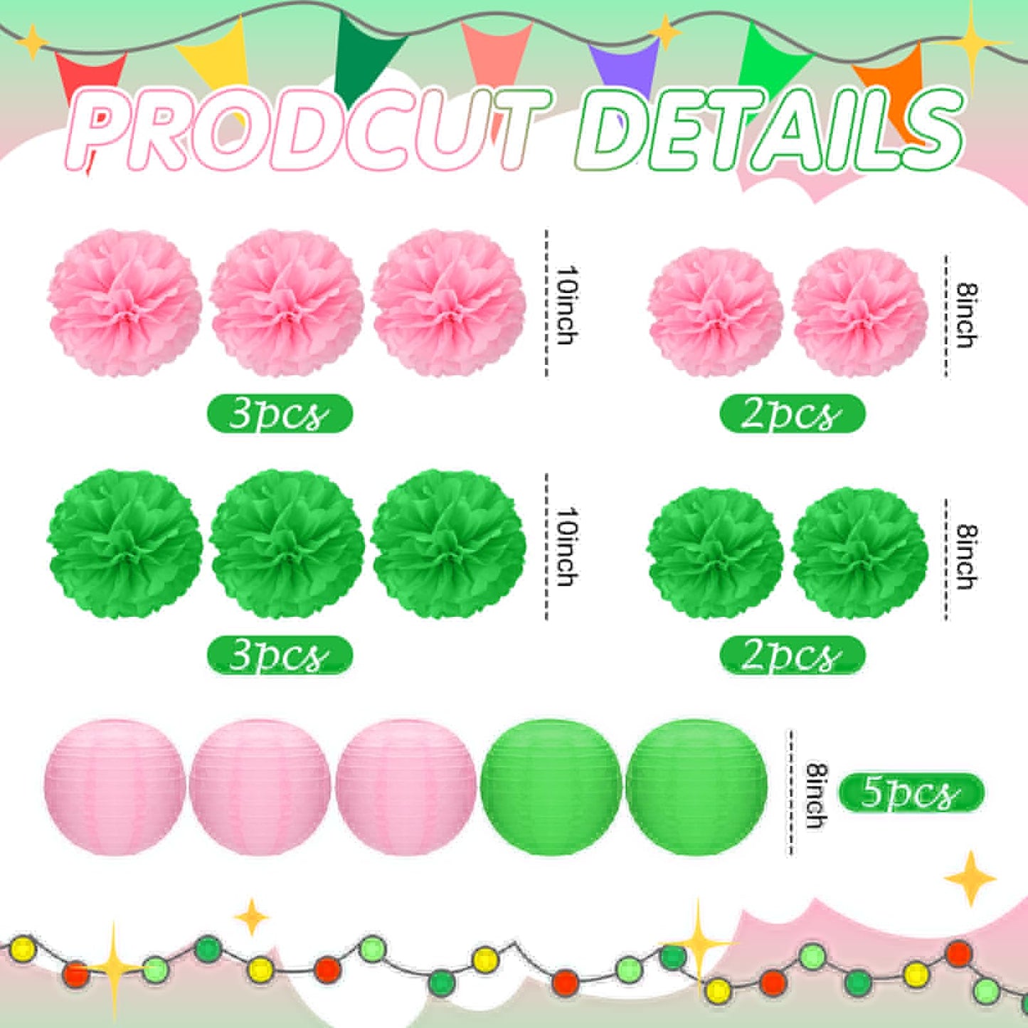 RoundFunny 15 Pcs Witch Theme Party Decorations Green and Pink Party Decorations Birthday Tissue Paper Pom Pom Lanterns Supplies for Girls Women Princess Birthday Decor