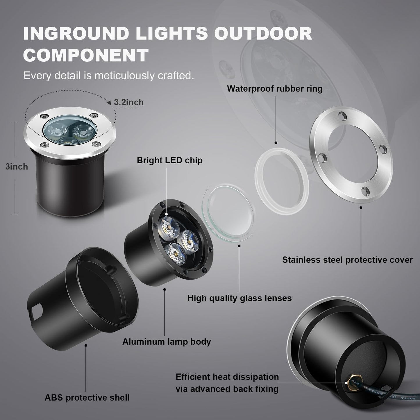 ALEDECO 4 Pack 3w 12v Low Voltage In-ground Lights LED Landscape Light Waterproof IP67 Pathway Lights Outdoor spotlights Trees Flags for Garden,Yard,Tree (Warm White)