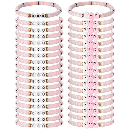 Huquary 48 Pcs Halloween Bracelet Set Party Favors Pink Ghost Boo Clay Bead Bracelets Cute Decorations Clay Ghost Signs for Halloween Gifts for Women Friend Boo Basket Stuffers Goodie Bag Stuffers
