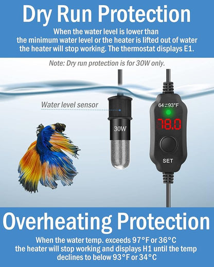AquaMiracle Mini Aquarium Heater 10W Small Fish Tank Heater for 1-2 Gal Tanks, Digital Display Thermostat Betta Heater with Dry-Run & Overheat Protection, Memory Function