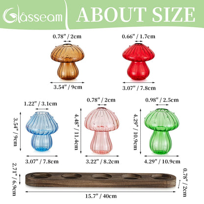 Glasseam Mushroom Plant Propagation Stations: Glass Terrarium Jars with Wood Stand - Unique Hydroponic Planters for Indoor Plants, Office Decor - 5 Pcs