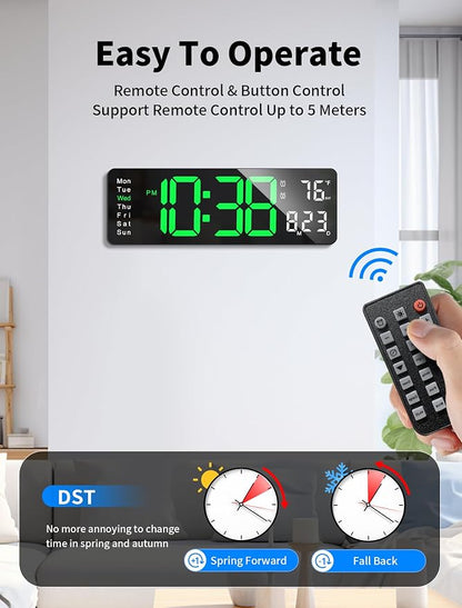 MASHI Digital Wall Clock, 16" Large Display Digital Clock with Remote Control, Auto-Dimming Wall Clock with Night Light, DST, Date Week,Temp for Living Room, Bedroom, Decor, Gift for Elderly