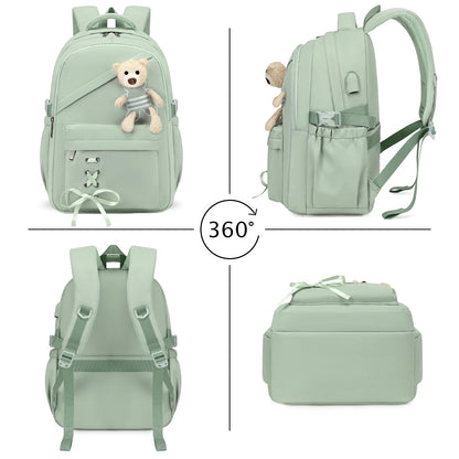 ACESAK School Backpack for Girls - 3 PCS Cute Girls Backpack with Lunch Box & Pencil Case - Kawaii Casual Kids Bookbag School Bag Daypacks Set for Elementary Middle High School Student Teens (Green)