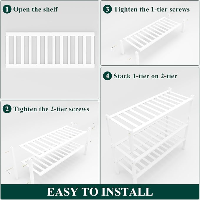 Smiry Bamboo Shoe Rack, 3 Tier Free Standing Wooden Shoe Organizer, Stackable Wood Shoe Storage Shelf for Closet, Entryway, 12 Vertical Slats, 2+1 Stack Standard Legs, 26.8"x11"x19.5", White