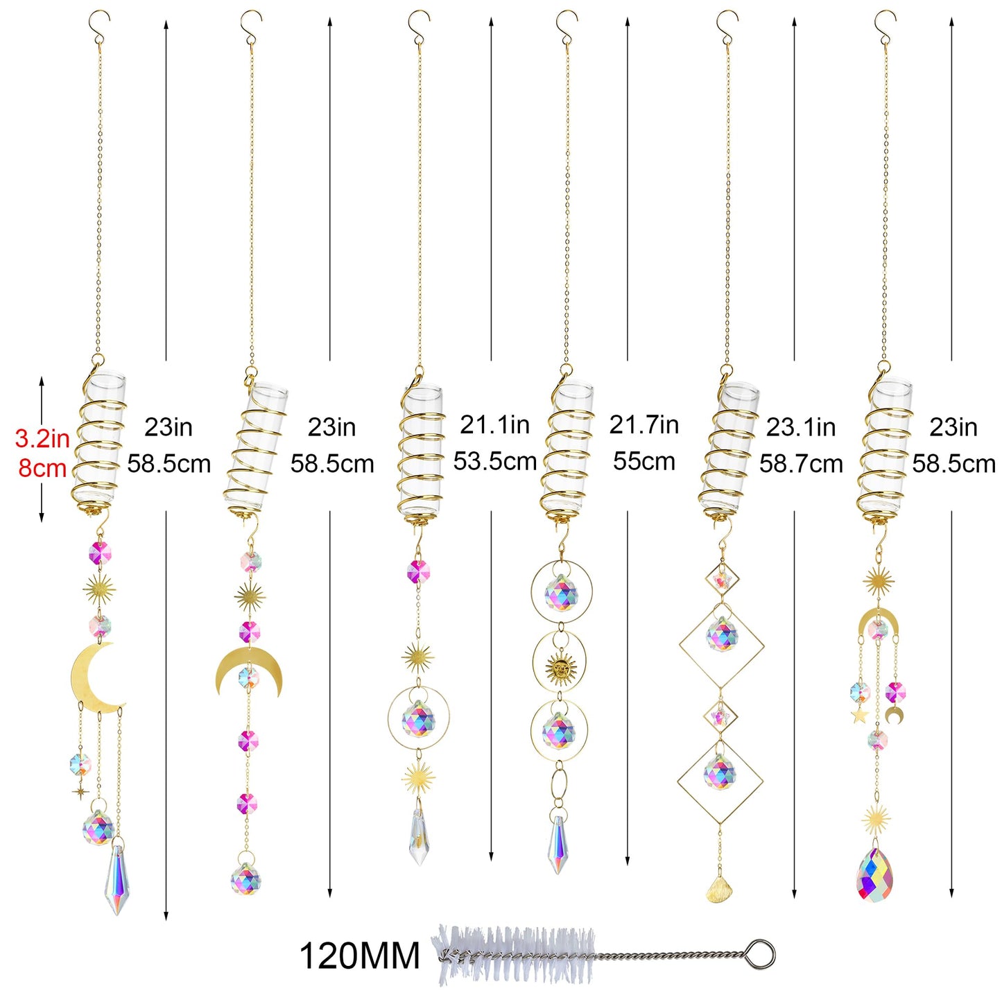 HDCRYSTALGIFTS 6 Pcs Crystal Suncatchers with Plant Propagation Station,Glass Window Wall Planters for Indoor Plants Hydroponics, Hanging Sun Catcher with Chain for Home Garden Whimsical Decor