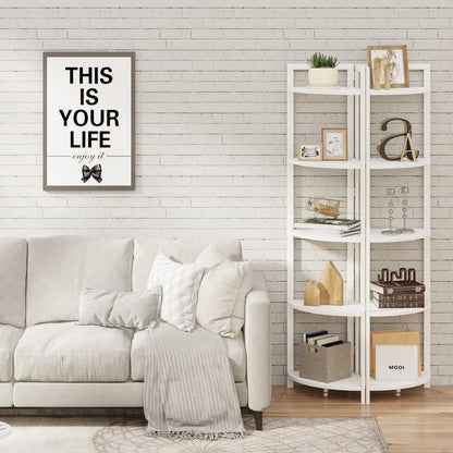 FATORRI Tall Corner Shelf, 5 Tier Modern Corner Bookshelf Stand, Wood and Metal Corner Plant Bookcase for Living Room, Home Office (White Oak)