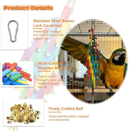 Wooden Bird Toy for Large Parrots – Natural Chewing Blocks with Locking Carabiner (Nut Tightening) for Macaws, Cockatoos, African Greys, Amazon Parrots – Non-Toxic, Colorful, Cage Accessory