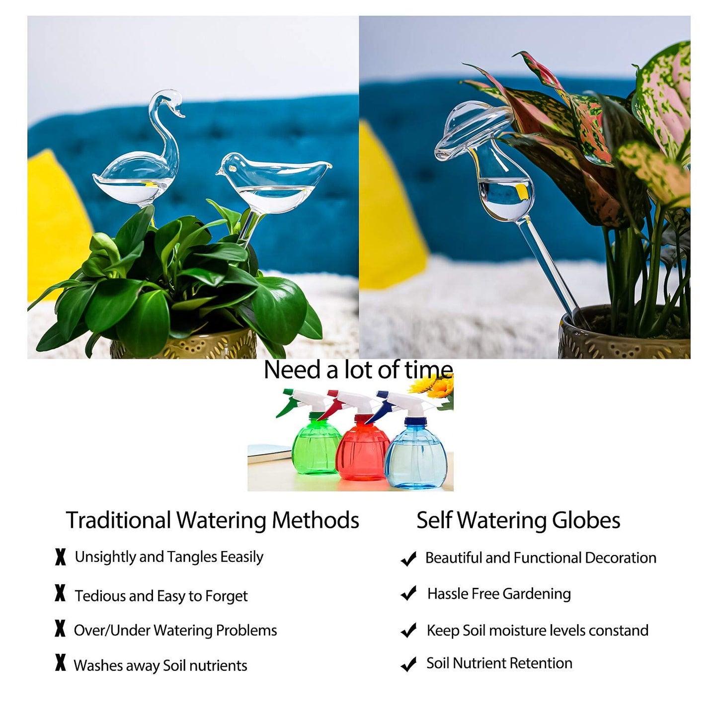 Kingbuy Mushroom Shaped Self-Watering Globes - 2 Pack Glass Automatic Plant Waterer for Indoor Outdoor Plants, Water Bulbs & Decorative Stakes for Plant Lovers