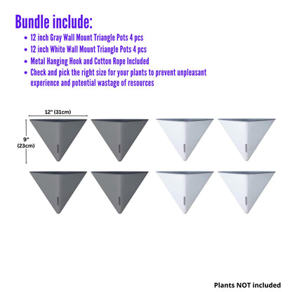 LaLaGreen Bundle - 12" x 4 Pack Gray + 12" x 4 Pack White Large Self Watering Geometric Hanging Flower Vase Vessel with Metal Hanger, Modern Stylish Wall Mounted Succulent Pot Holder Decor