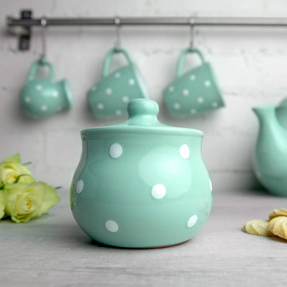 City to Cottage Ceramic Sugar Bowl with Lid, 10oz Sugar Contanier for Coffee Bar, Sugar Dispenser Bowl, Salt - Condiment Pot for Kitchen Counter, Handcrafted turquoise Blue Polka Dot Sugar Jar