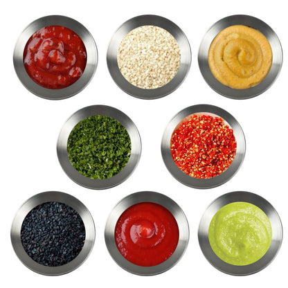MGGi 8 Pack 3.3inch Stainless Steel Sauce Dishes Round Mini Individual Saucers Bowl, Seasoning Plate Sushi Dipping Bowl Appetizer Plates, for Sushi,Side Dishes,Dessert,Tomato Sauce,Soy,BBQ - Silver