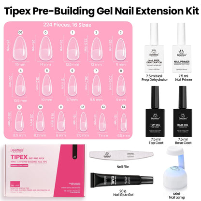 Beetles Tipex Instant Apex Nail Tips Kit, Coffin Long 224Pcs 16 Sizes Pre-Building & Pre-Etched Thicker Acrylic Nails False Nail Extension with Tipex Nail Glue Mini Nail Lamp