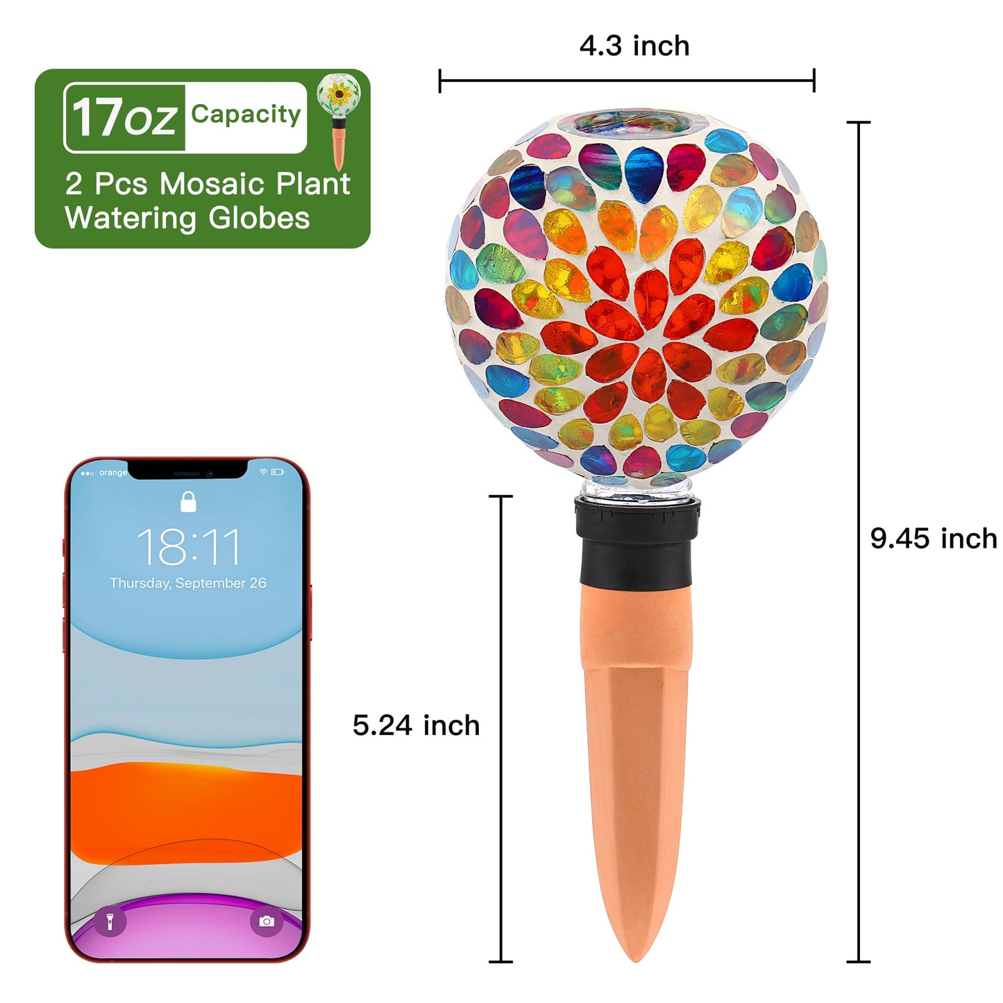 VOREEN Mosaic Plant Watering Globes with Terracotta Watering Spikes, 17oz Glass Self Watering Globes for Indoor & Outdoor Potted Plants, Decorative Water Drippers, Set of 2