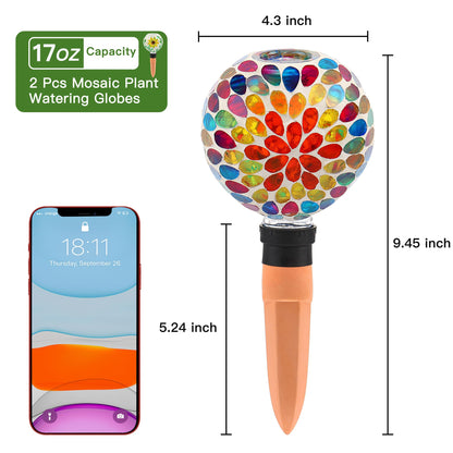 VOREEN Mosaic Plant Watering Globes with Terracotta Watering Spikes, 17oz Glass Self Watering Globes for Indoor & Outdoor Potted Plants, Decorative Water Drippers, Set of 2
