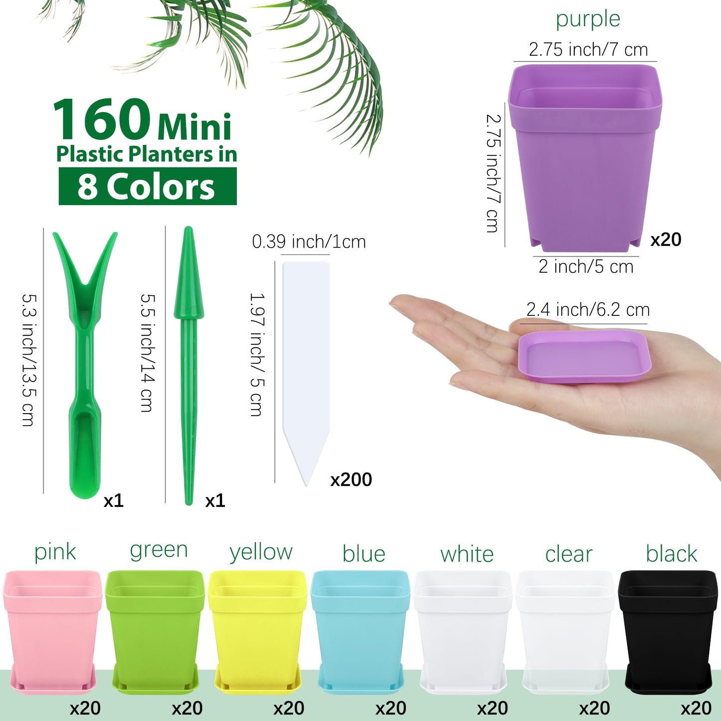 Hahood 160 Pieces Square Flower Plant Pots 3 Inch Flower Seedling Nursery Pots with Pallet Colorful Mini Plastic Planters with Labels and Tools for Room, Garden, Office and Balcony, 8 Colors