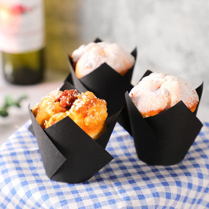 Jutom 200 Pack Tulip Cupcake Liners Paper Baking Cups Greaseproof Muffin Liners Grease Resistant Cupcake Wrappers for Weddings Birthday Cake Balls Muffins Candy Jelly Party(Black)