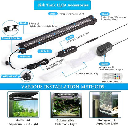 Submersible Aquarium Light for Fish Tank,24/7 Mode Full Spectrum LED Fish Tank Light with Air Bubble Hole RGB Color Changing Brightness Timer Adjustable,19.6inch 14W Fish Light