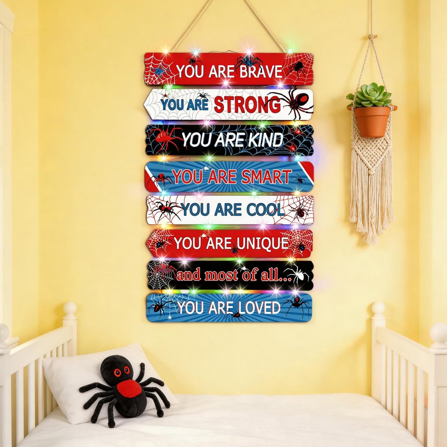 Spider Room Decor Set of 8 with LED Lights, Boys Bedroom Decor Inspirational Positive Quotes Wall Art, Motivational Wooden Hanging Signs Wall Decorations for Nursery Teens Toddler Room