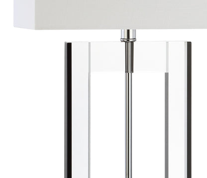 JONATHAN Y 26" Clear and Black Crystal Table Lamp, Modern Geometric Glam Glass Lamp with White Linen Drum Shade for Living Room Bedroom Nightstand, LED Bulb Included JYL2015A